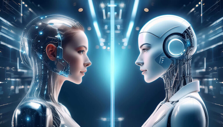 Eine futuristische Darstellung zweier KI-Assistenten im Wettbewerb, einer repräsentiert Perplexity AI, der andere ChatGPT