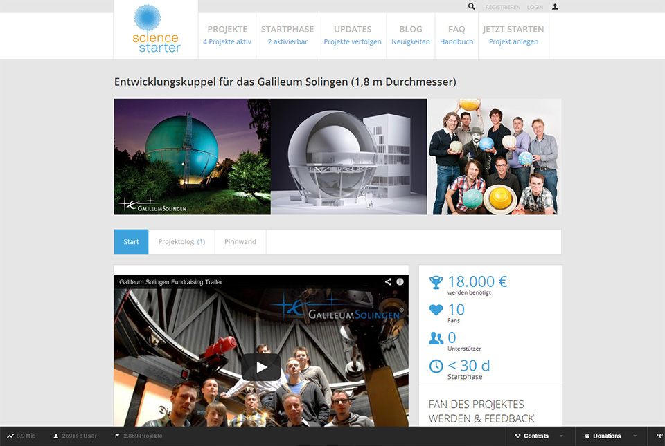 Screenshot der Crowdfundingseite des Galileum Solingen auf Sciencestarter.de